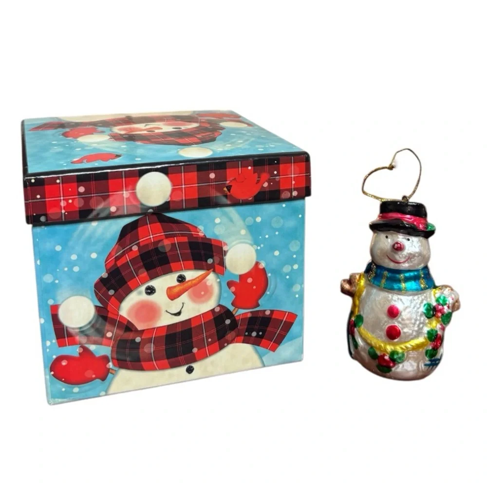 Snowman Glass Ornament Christmas Gift Box Set Collectible White Blue Red Gold